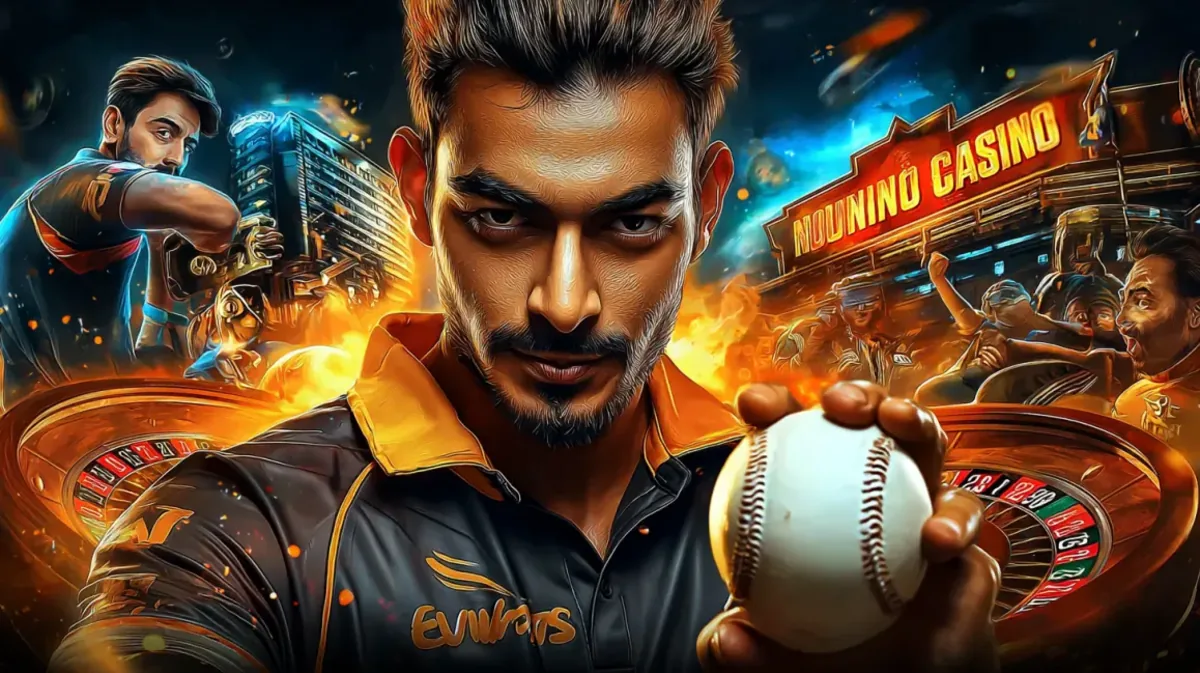 একজন তীব্র-উত্তেজনাপূর্ণ ক্রিকেট খেলোয়াড় একটি ক্রিকেট বল হাতে ধরে, একটি জটিল ছবিতে ক্রীড়া স্টেডিয়াম lv18 গেমিং প্ল্যাটফর্মের প্রাণবন্ত নিয়ন-আলোর পরিবেশের সাথে মেশানো হয়েছে।