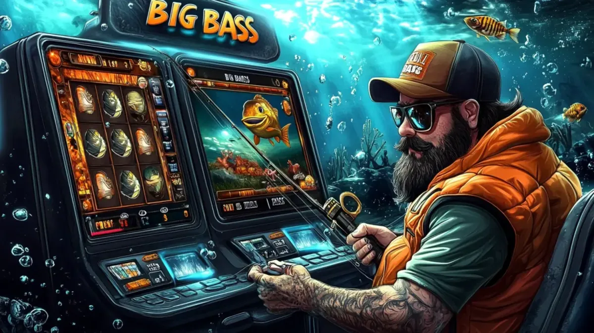 lv18-এ সানগ্লাস পরা এক জেলে Big Bass গেমটি খেলছেন; পানির নিচের দৃশ্যের মধ্যে মাছ ধরার থিমটি মেশিনের স্ক্রিনে দেখানো হচ্ছে।
