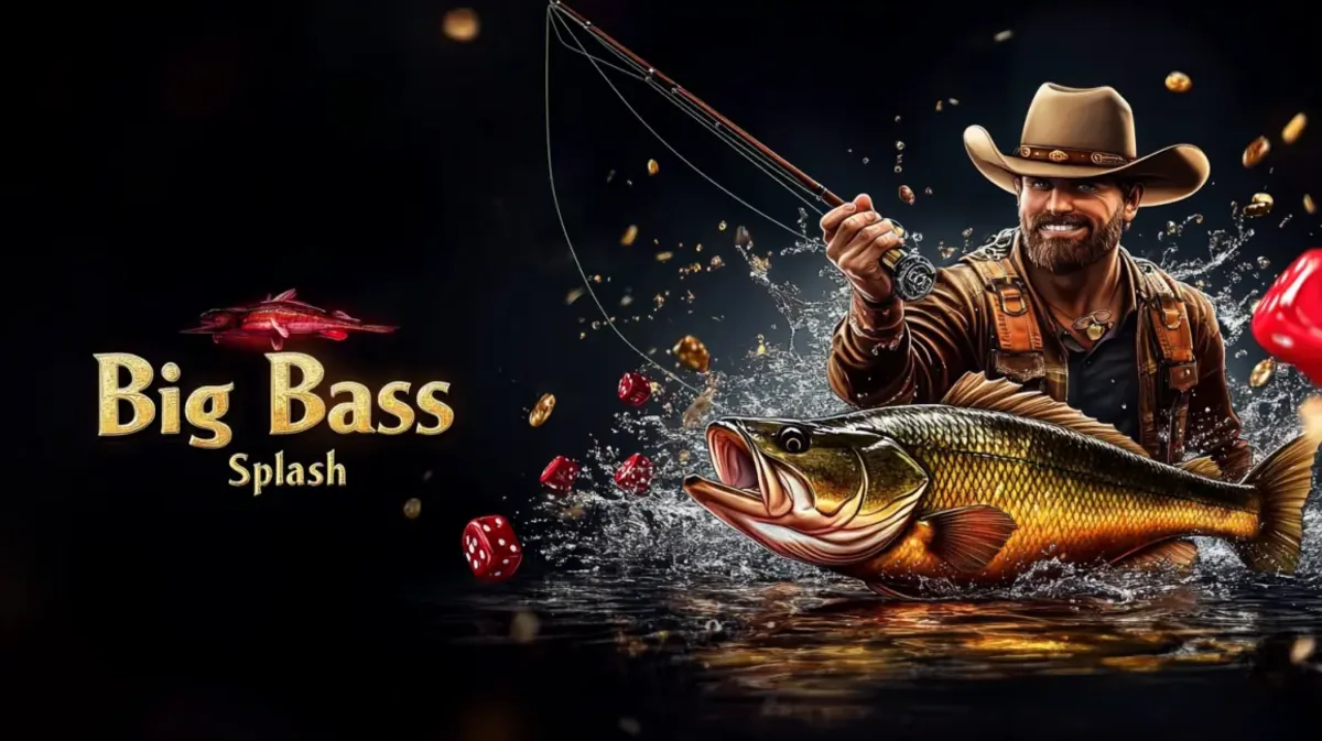 lv18-এ উপলব্ধ এই Big Bass Splash গেমটির প্রচারণায়, এক সুখী জেলে কভয় হ্যাট পরে বড় একটি বেস মাছ ধরা অবস্থায় দেখানো হয়েছে।