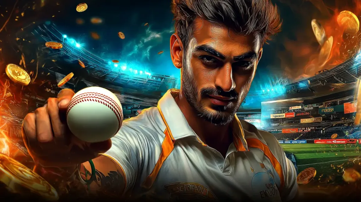 একজন মনোযোগী ও তীক্ষ্ণ দৃষ্টির পুরুষ ক্রিকেট খেলোয়াড় ভীড়ভর স্টেডিয়ামে একটি ক্রিকেট বল উঁচু করে ধরেছেন; lv18-এ ক্রিকেট-গেমিংয়ের রোমাঞ্চকর জগৎ প্রচার করছেন। সোনালি কয়েন ও আগুন-প্রভাব এতে নাটকীয়তা যোগ করেছে।